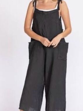 Tie linen light grey Wide-Leg Jumpsuit with Pockets